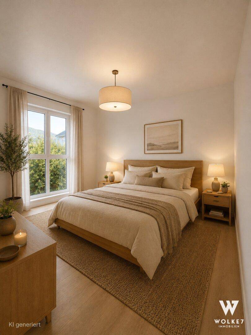 Gemütliches Schlafzimmer mit Doppelbett, Holzboden und großem Fenster mit Blick ins Grüne.