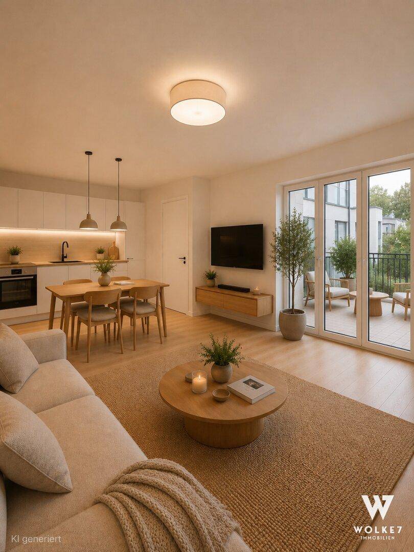 Heller offener Wohn-Essbereich mit integrierter Küche, Holzboden und Zugang zur Terrasse.