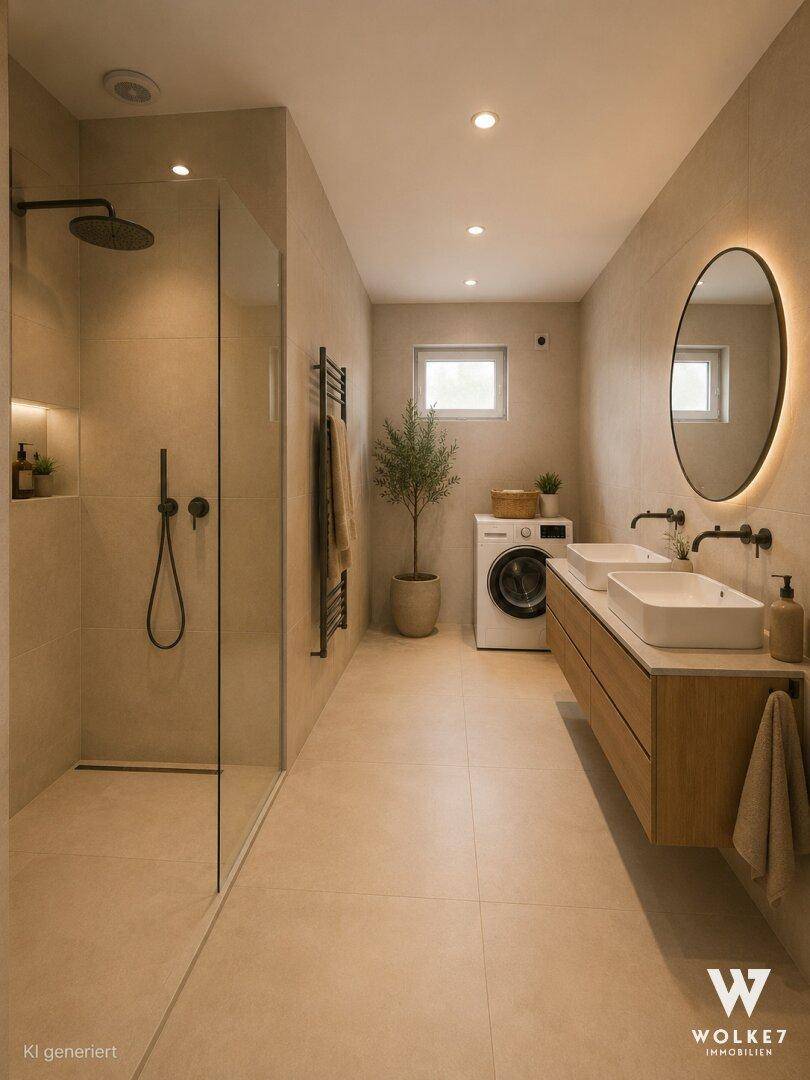 Modernes Badezimmer mit ebenerdiger Dusche, Doppelwaschbecken und Waschmaschine.