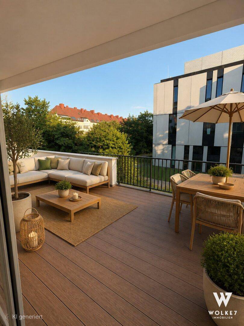 Geräumige Terrasse mit Lounge- und Essbereich, umgeben von Bäumen und Gebäuden.