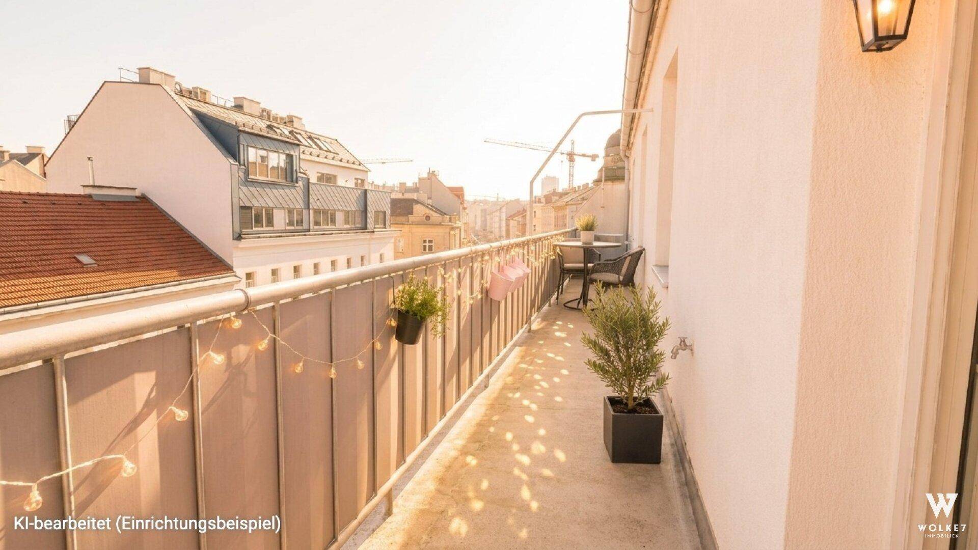 Langer, schmaler Balkon mit Sitzgelegenheiten und Pflanzen, bietet einen Blick über die Dächer der Stadt.