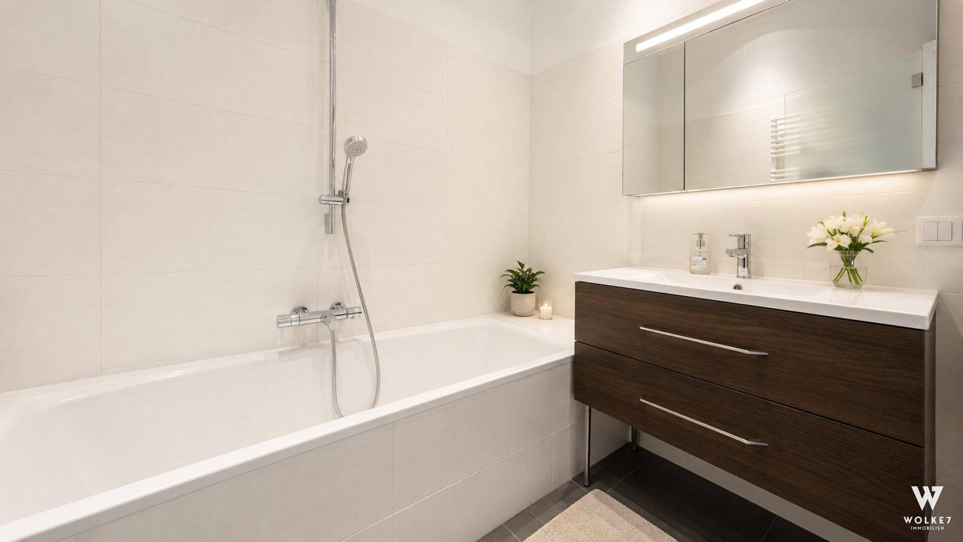 Modernes Badezimmer mit Badewanne, elegantem Waschtisch und Spiegelschrank in hellen Farbtönen.