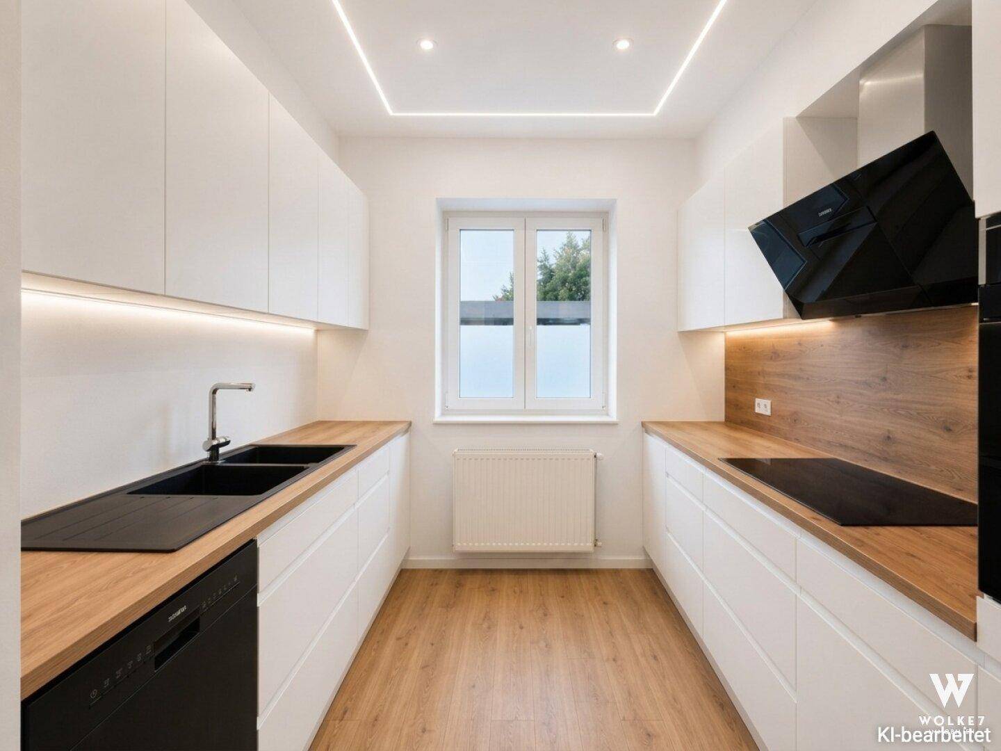 Moderne, helle Küche mit weißen Schränken, Holz-Arbeitsplatten und integrierten Geräten.