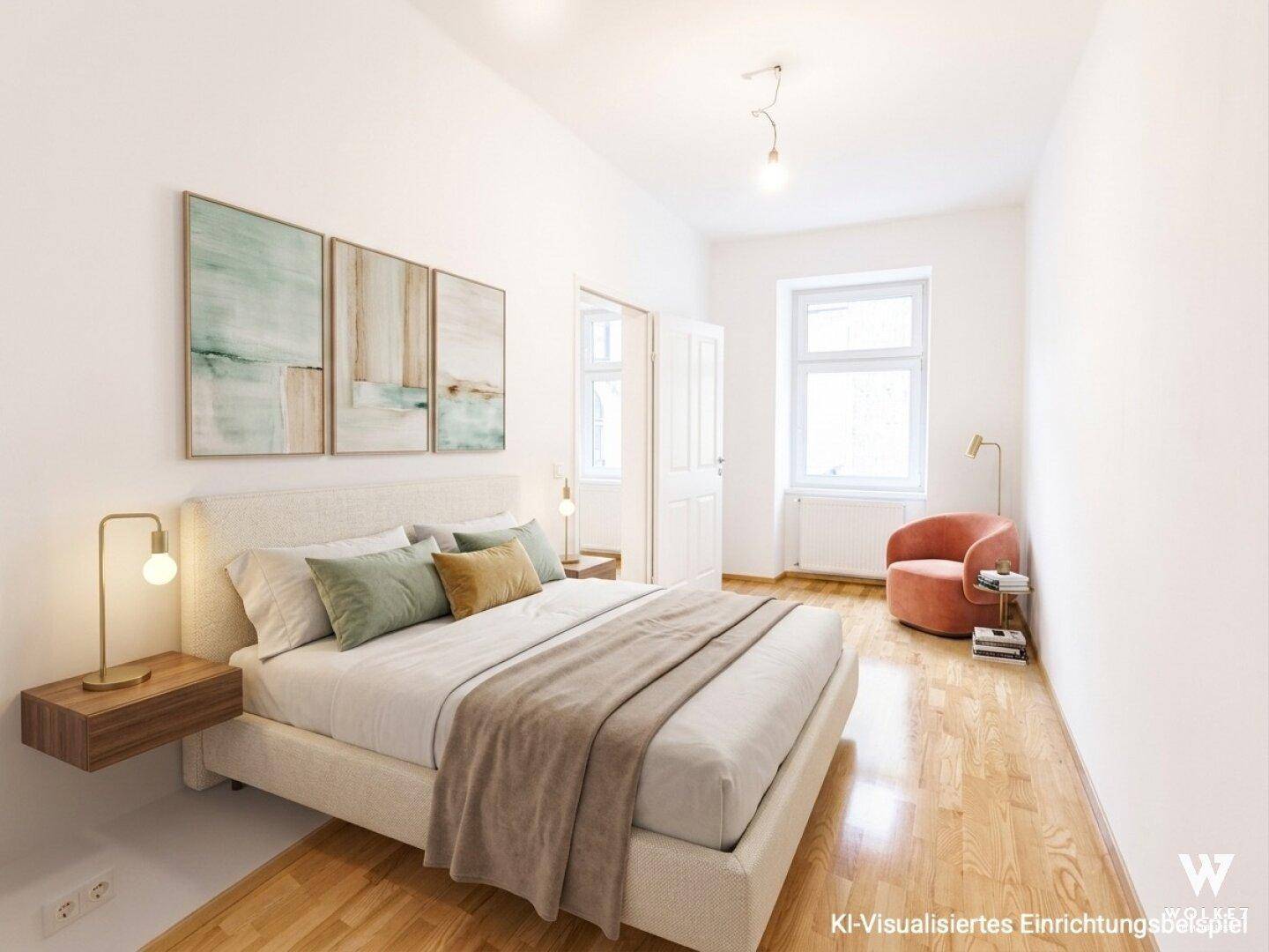 Virtuell möbliertes Schlafzimmer mit Parkettboden, großem Fenster und moderner Einrichtung.