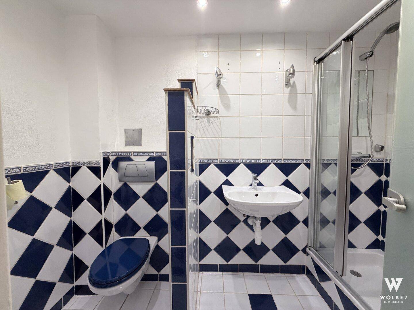 Badezimmer mit Dusche, Waschbecken und blau-weiß karierten Fliesen.
