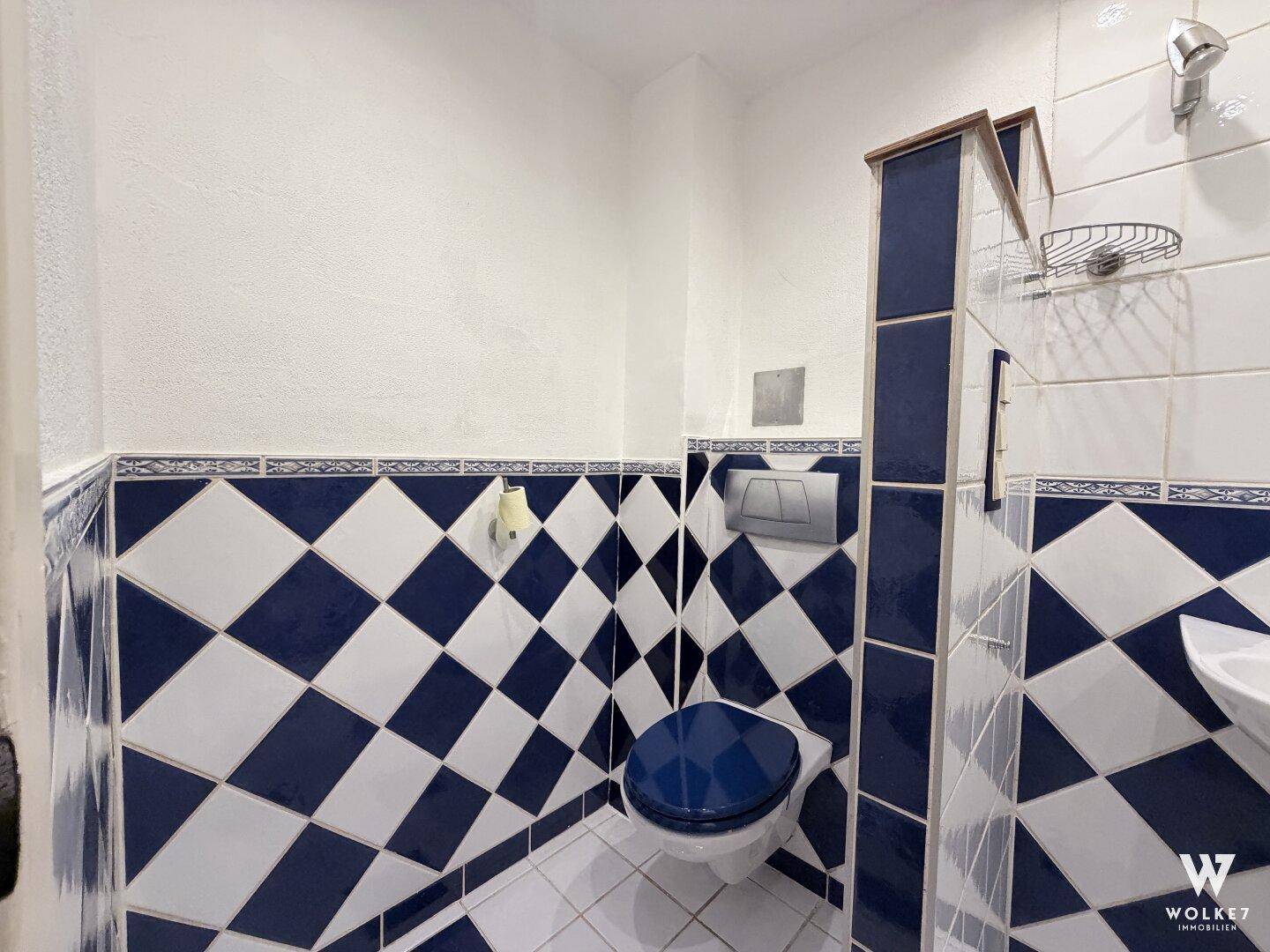 WC mit blau-weiß karierten Fliesen und wandmontierter Toilette.