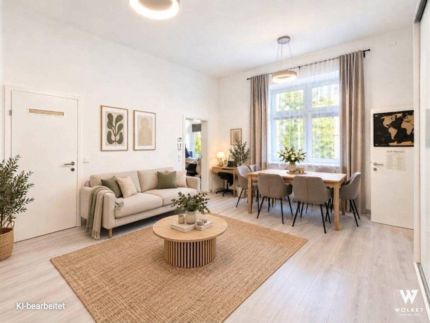 Geräumiger Wohn- und Essbereich mit hellem Boden und stilvoller Einrichtung.