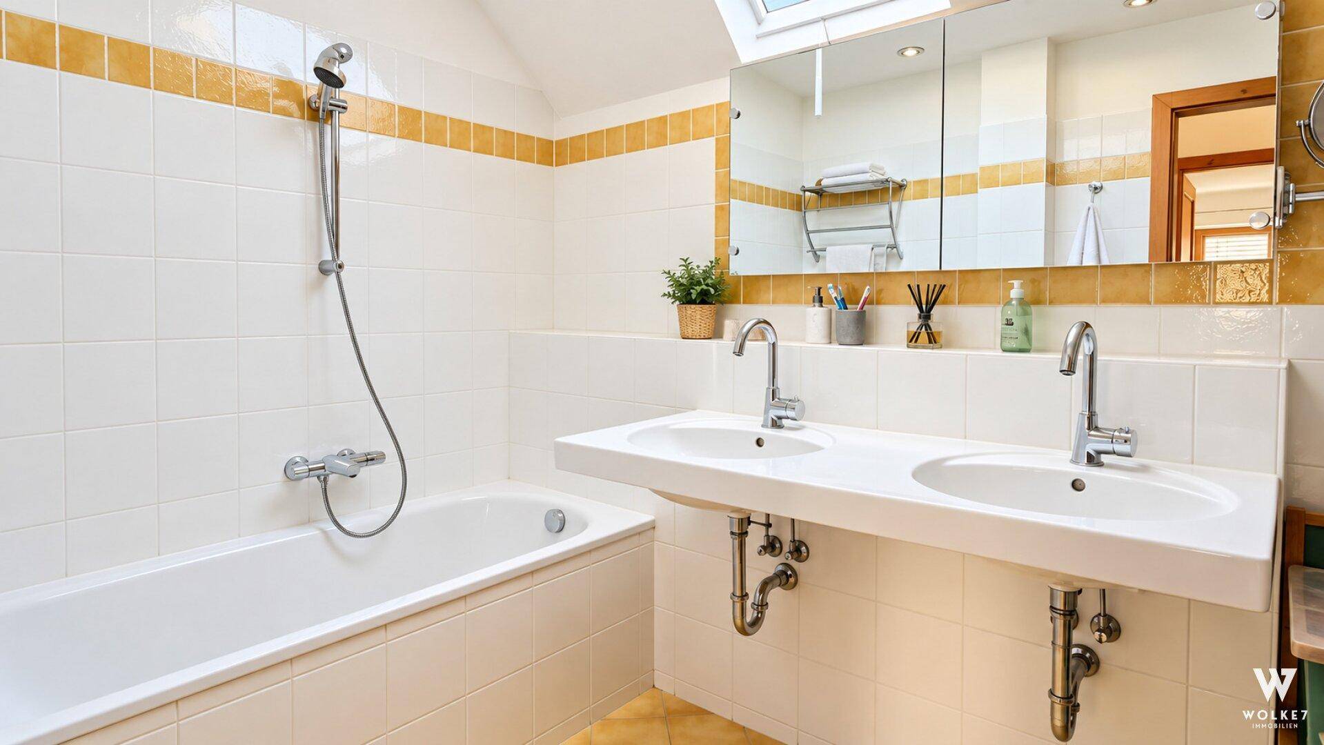 Funktionales Badezimmer mit Badewanne, Doppelwaschbecken und Spiegelschrank, hell gefliest.