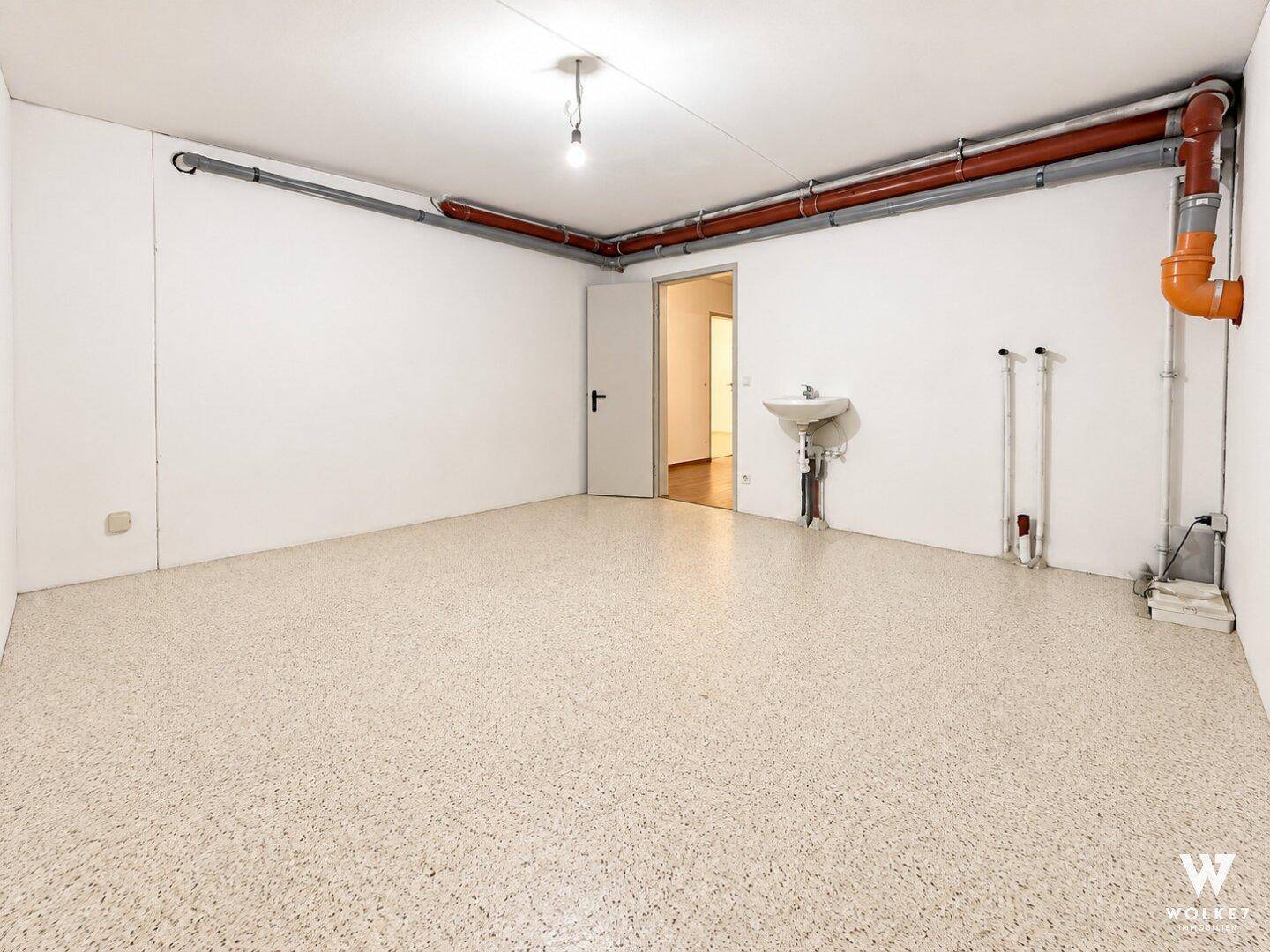 Großer Kellerraum mit Waschbecken und sichtbaren Leitungen, vielseitig nutzbar.