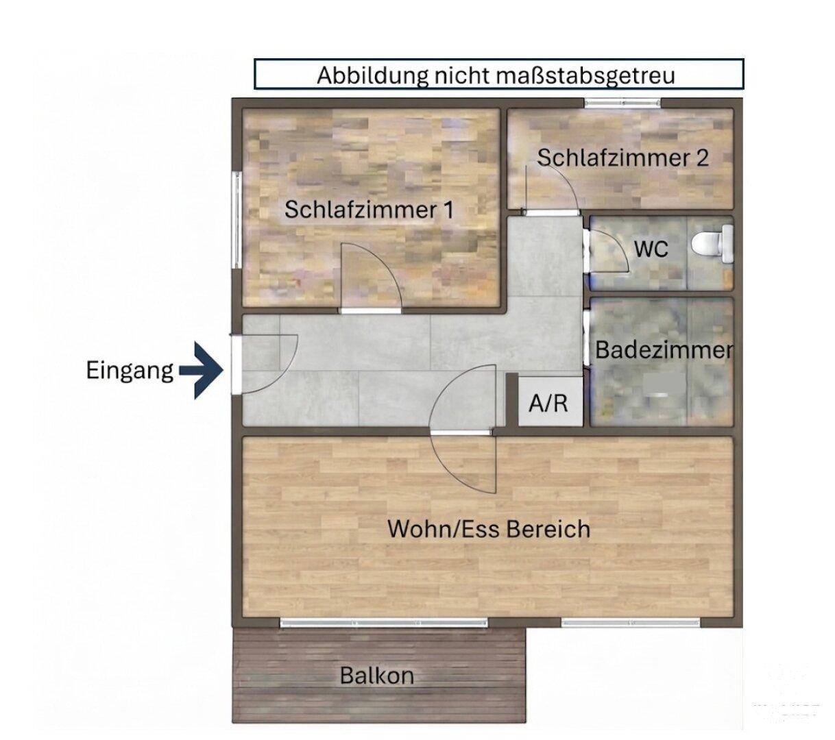 Grundriss einer Wohnung mit zwei Schlafzimmern, einem Badezimmer, separatem WC und Balkon.