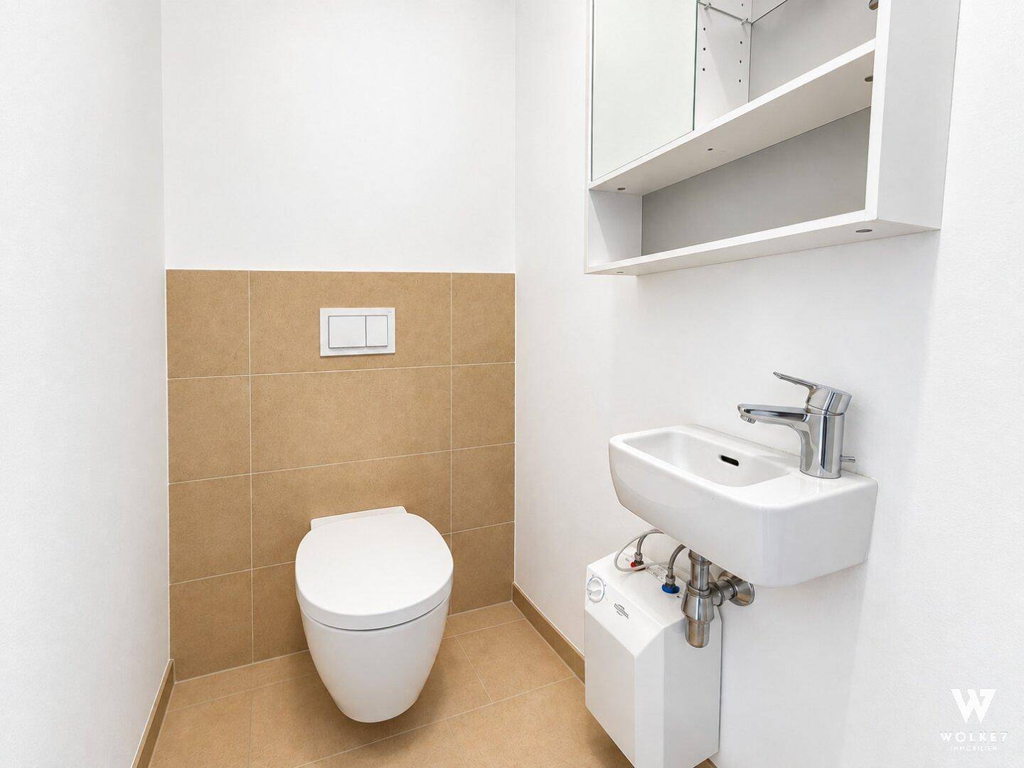 Kleines Gäste-WC mit wandhängender Toilette, kleinem Waschbecken und modernen Fliesen.