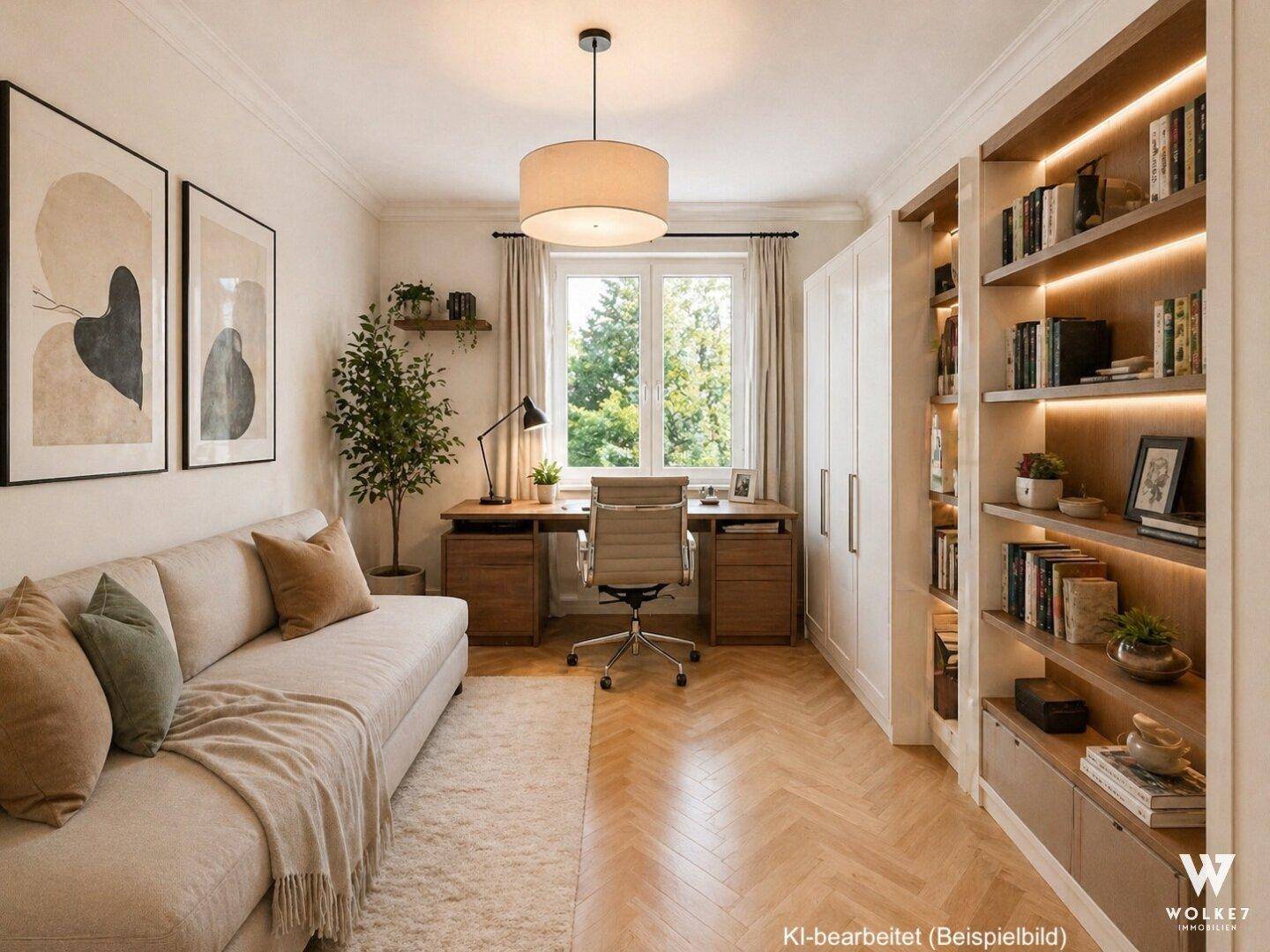 Modernes Arbeitszimmer mit Schreibtisch, Bücherregal und bequemer Couch.