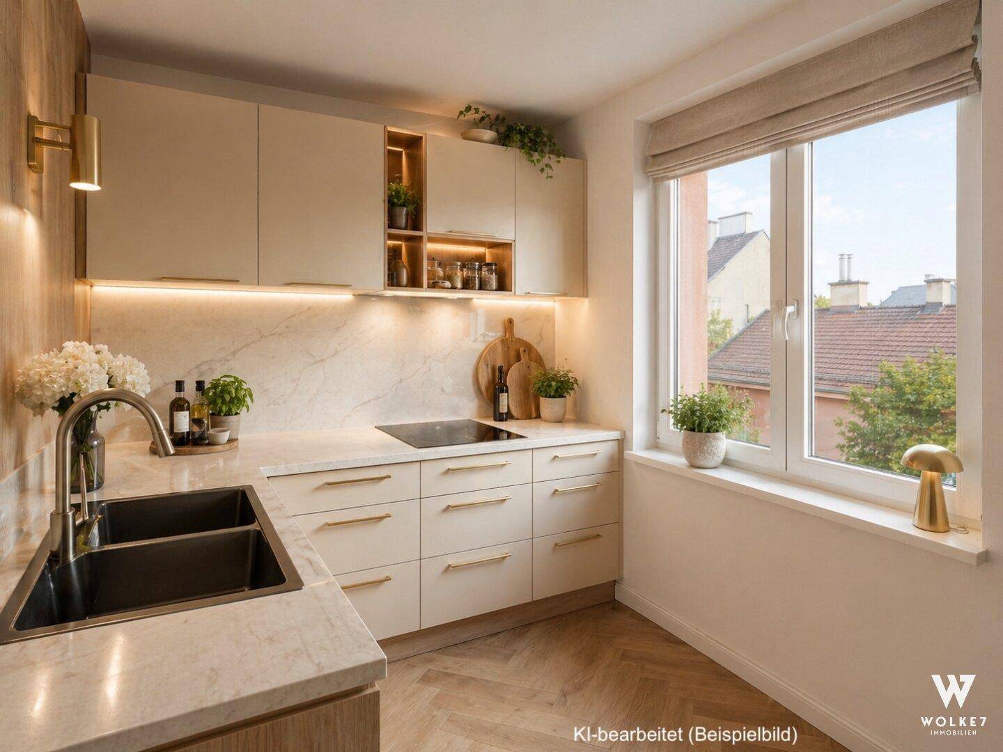 Moderne Küche mit hellen Schränken, Marmorarbeitsplatte und großem Fenster.