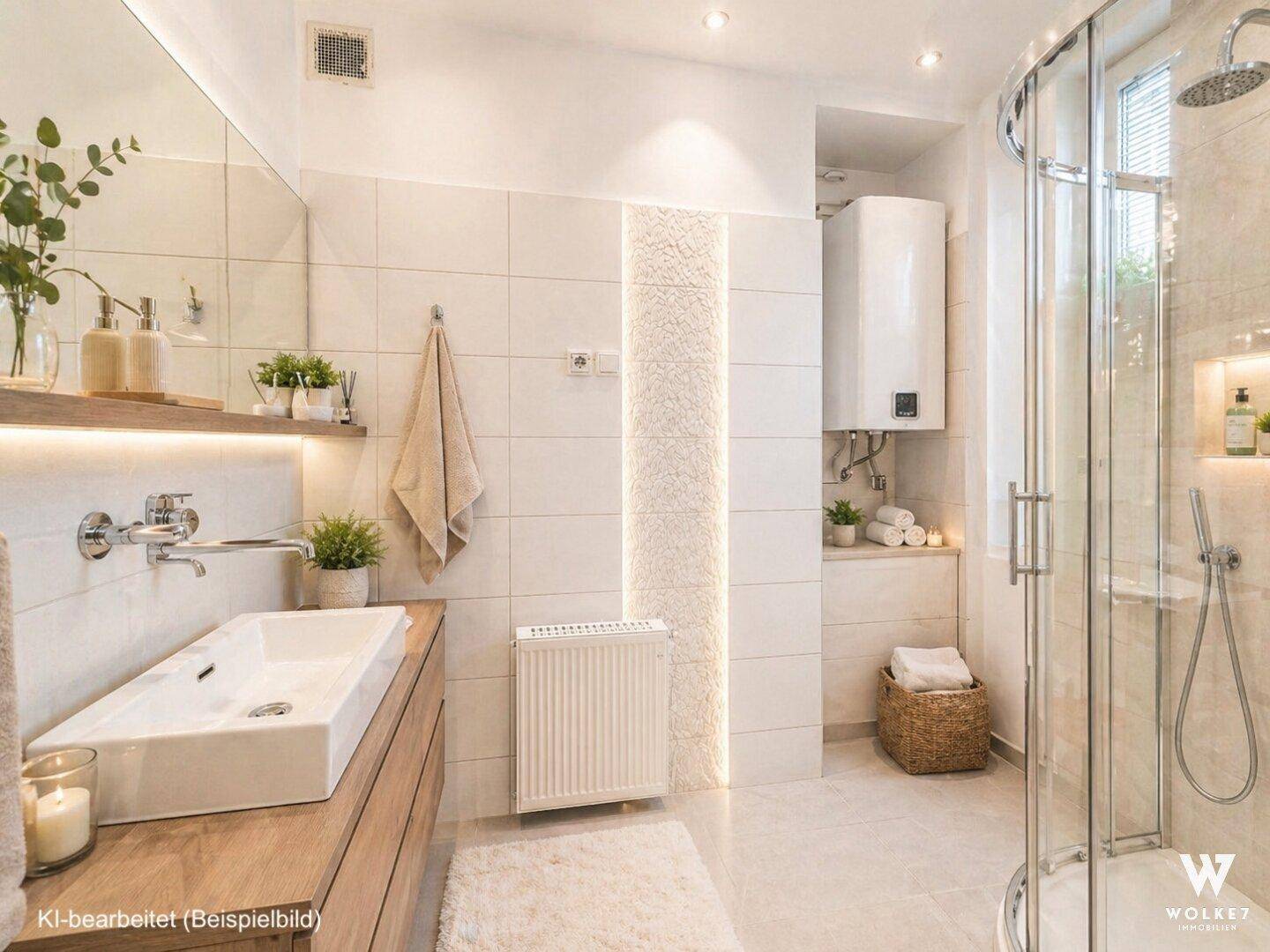 Helles Badezimmer mit moderner Dusche, Waschtisch und Wandheizkörper.
