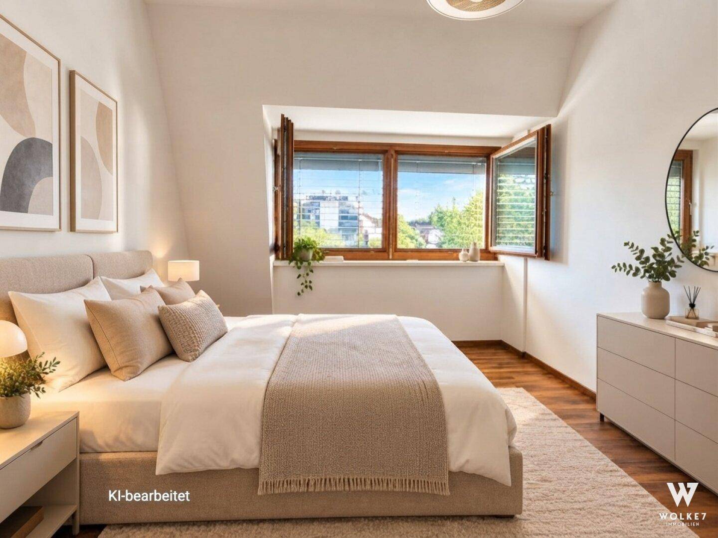 Helles Schlafzimmer mit großem Fenster, Holzboden und moderner, gemütlicher Einrichtung.