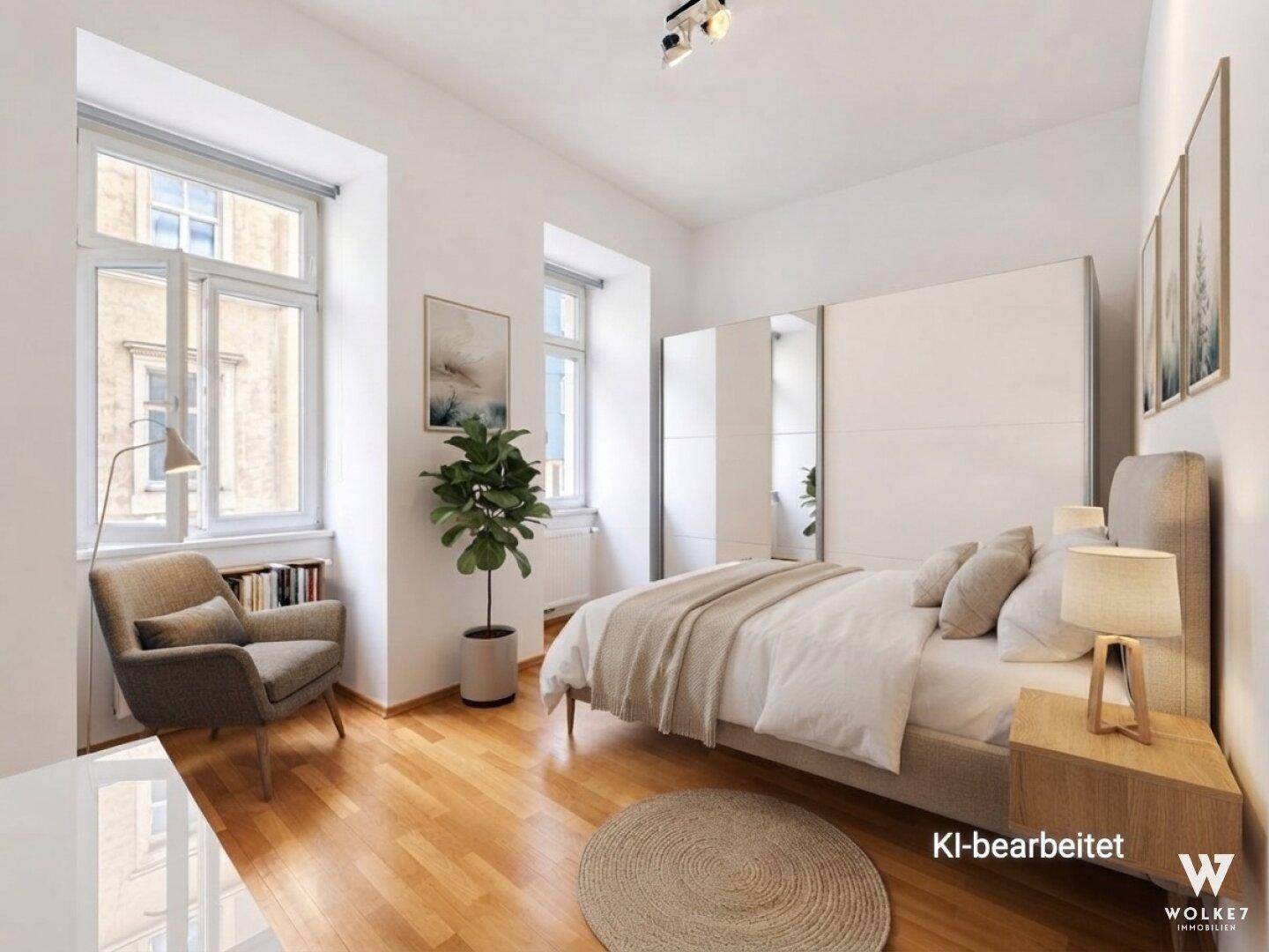 Modern eingerichtetes Schlafzimmer mit Doppelbett, Kleiderschrank und Holzboden.