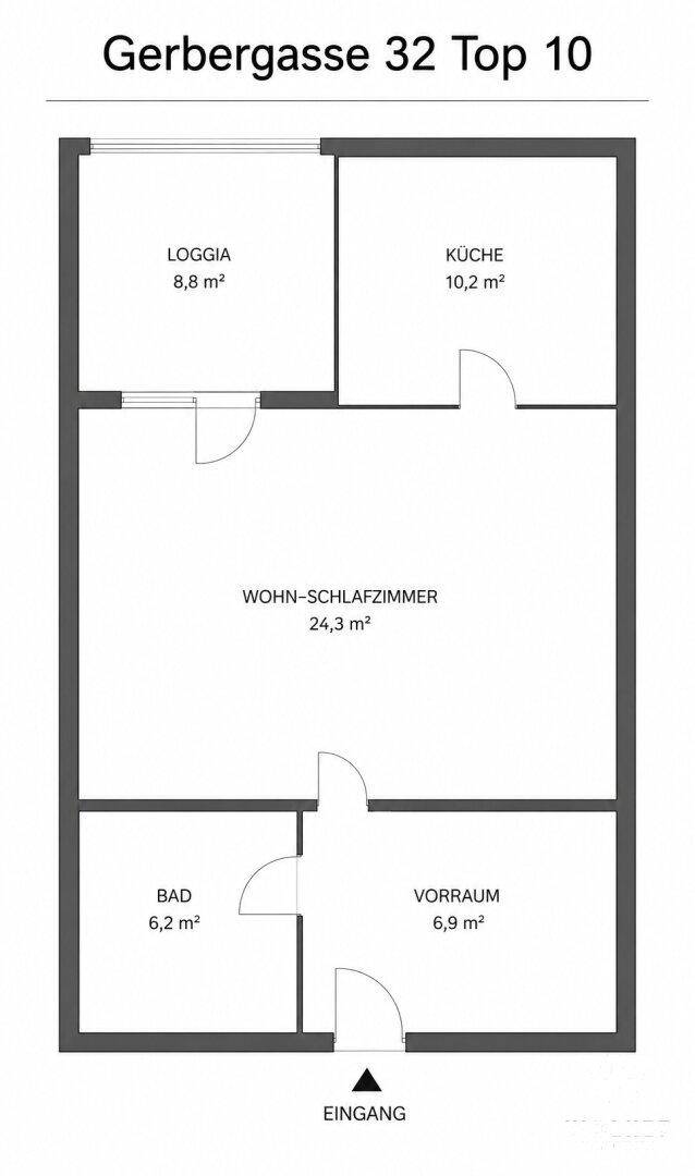 Grundriss der Wohnung mit Loggia, Küche, Wohn-Schlafzimmer und Bad.
