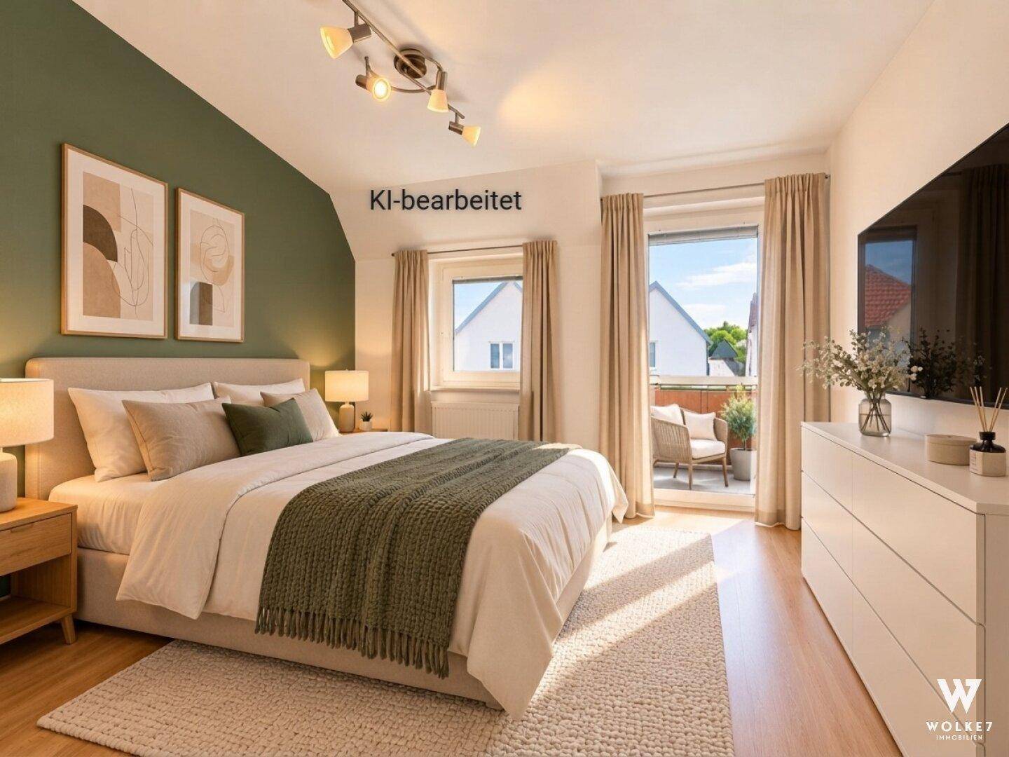 Helles Schlafzimmer mit Balkonzugang, Holzboden und moderner Einrichtung in Grüntönen.