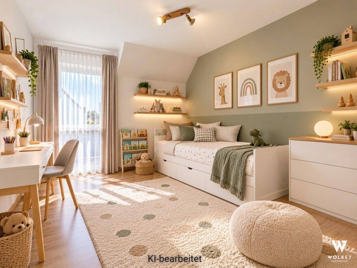 Freundliches Kinderzimmer mit Schreibtisch, Stauraum und sanften Grüntönen an der Wand.