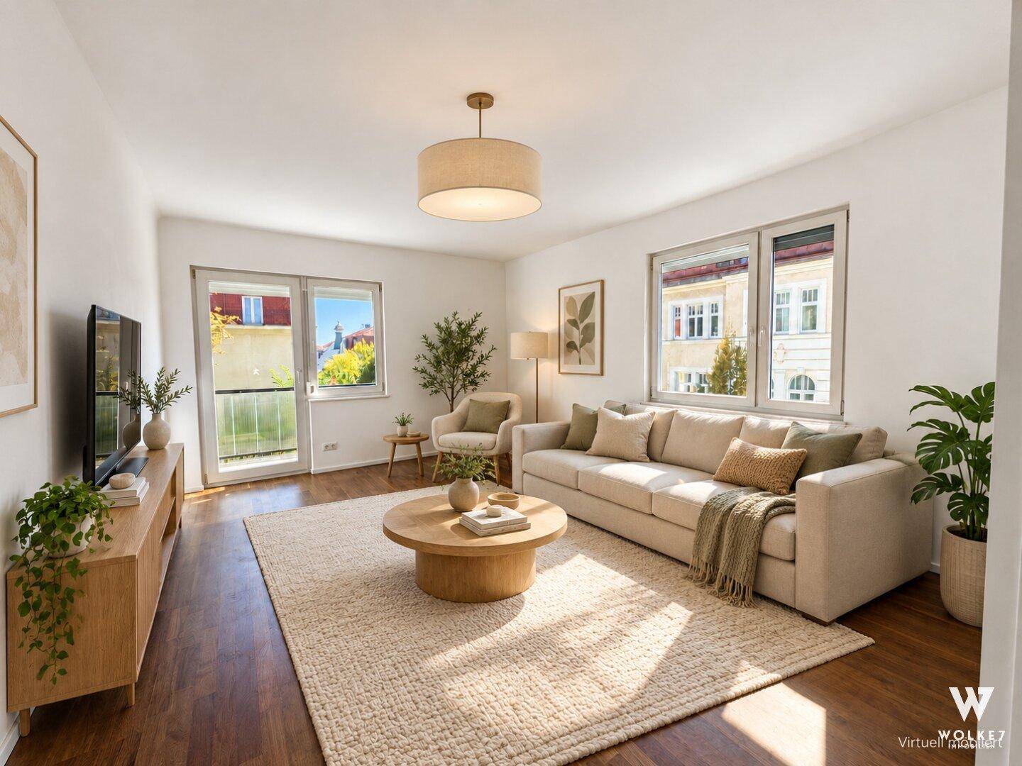 Helles Wohnzimmer mit modernem beigem Sofa, Holzboden, Teppich und direktem Zugang zum Balkon.