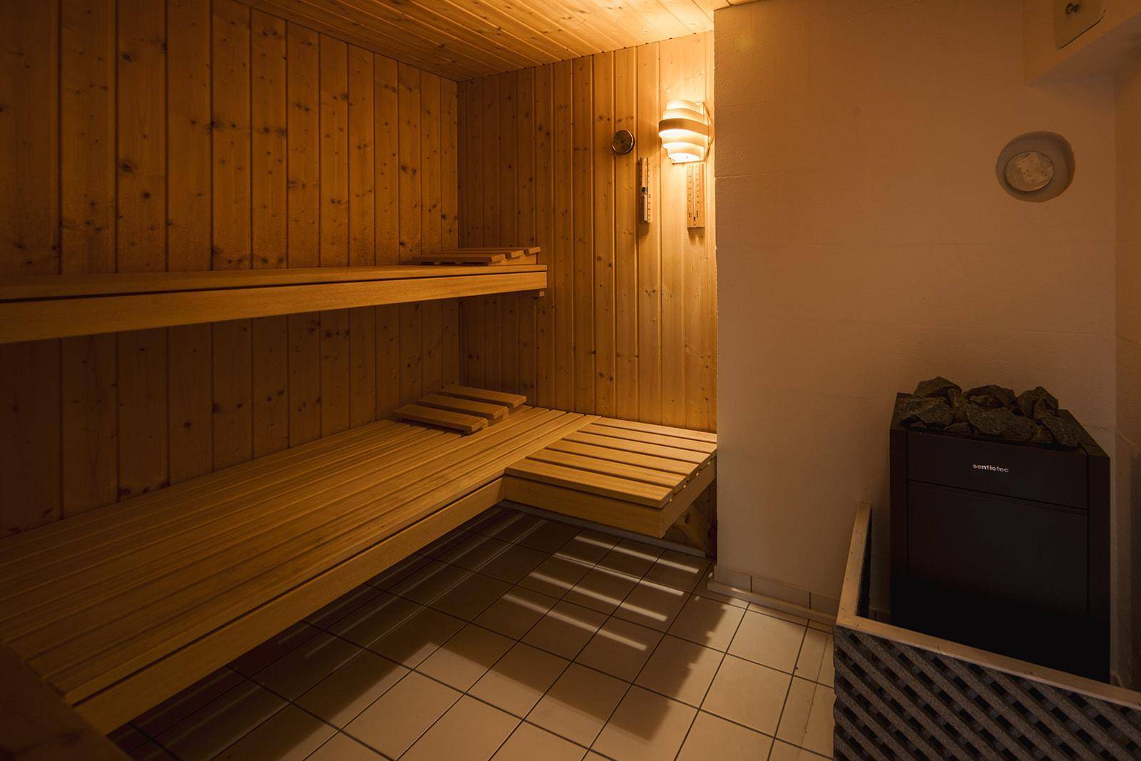 Traditionelle Holzsauna mit Bänken und Saunaofen für entspannende Momente.