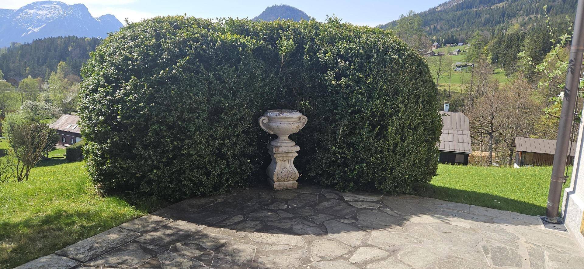 Gepflasterte Terrasse mit dekorativer Steinvase und einer hohen, gepflegten Hecke.