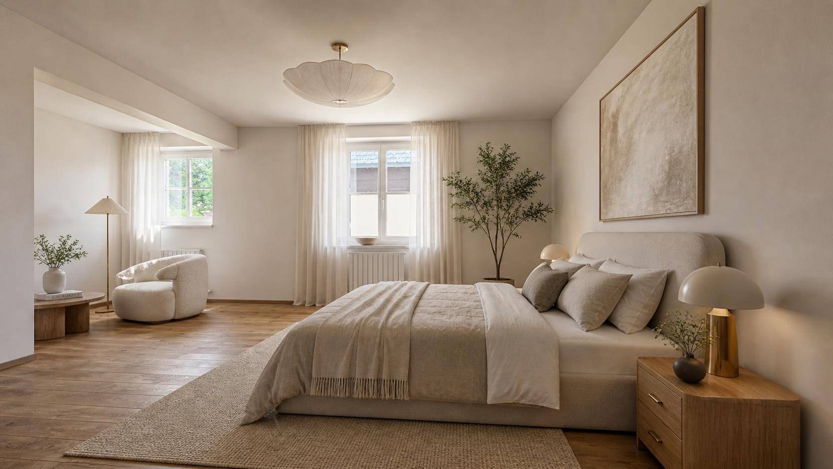 Geräumiges Schlafzimmer mit großem Bett, Holzboden und mehreren Fenstern für eine helle Atmosphäre.