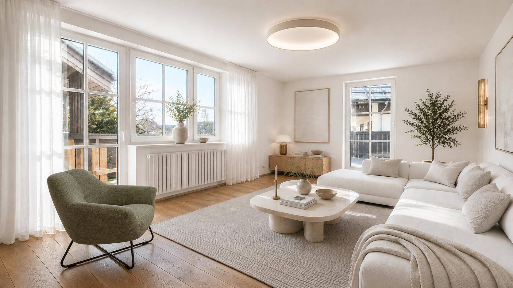 Helles Wohnzimmer mit großem Sofa, Holzboden und großen Fenstern, die viel Tageslicht hereinlassen.