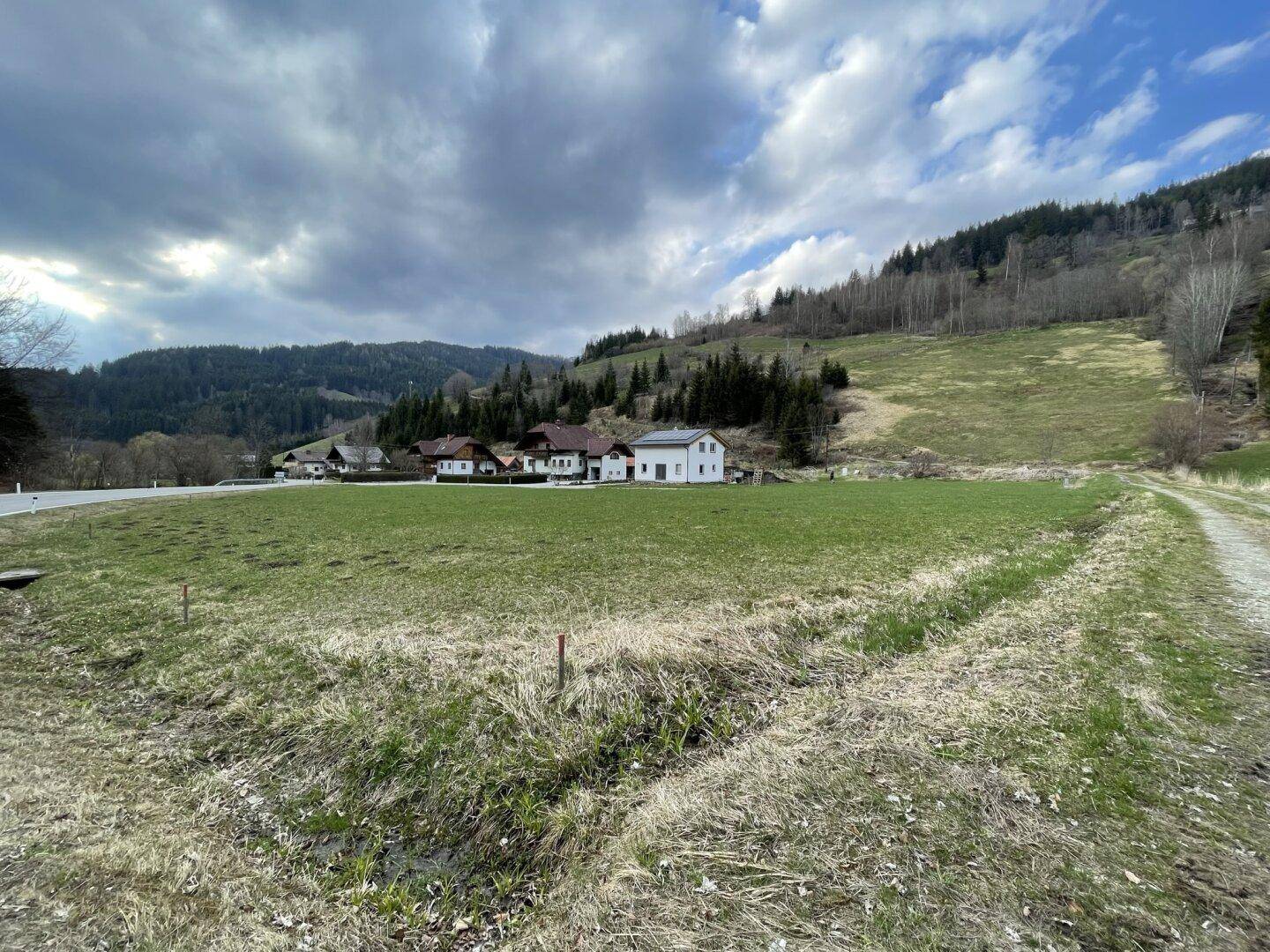 Panoramablick auf eine ländliche Gegend mit Wiesen, Wäldern und traditionellen Häusern am Fuße eines Hügels.