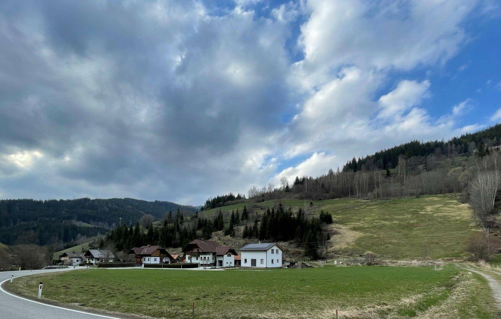 Weitläufige Landschaft mit grünen Wiesen, bewaldeten Bergen und einer Gruppe von Häusern unter bewölktem Himmel.