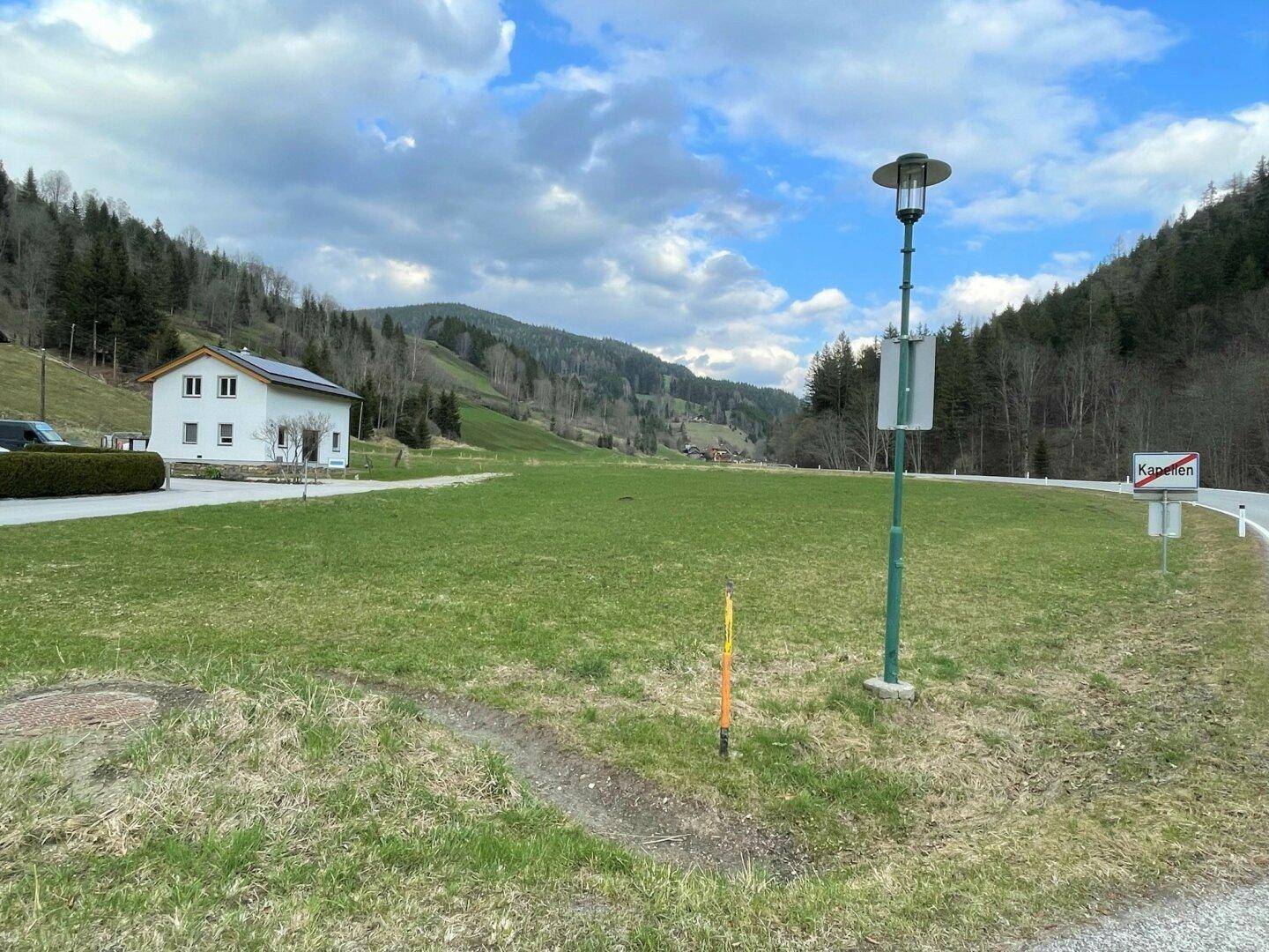 Blick auf eine ländliche Straße mit einem Haus, grünen Wiesen und bewaldeten Bergen im Hintergrund.
