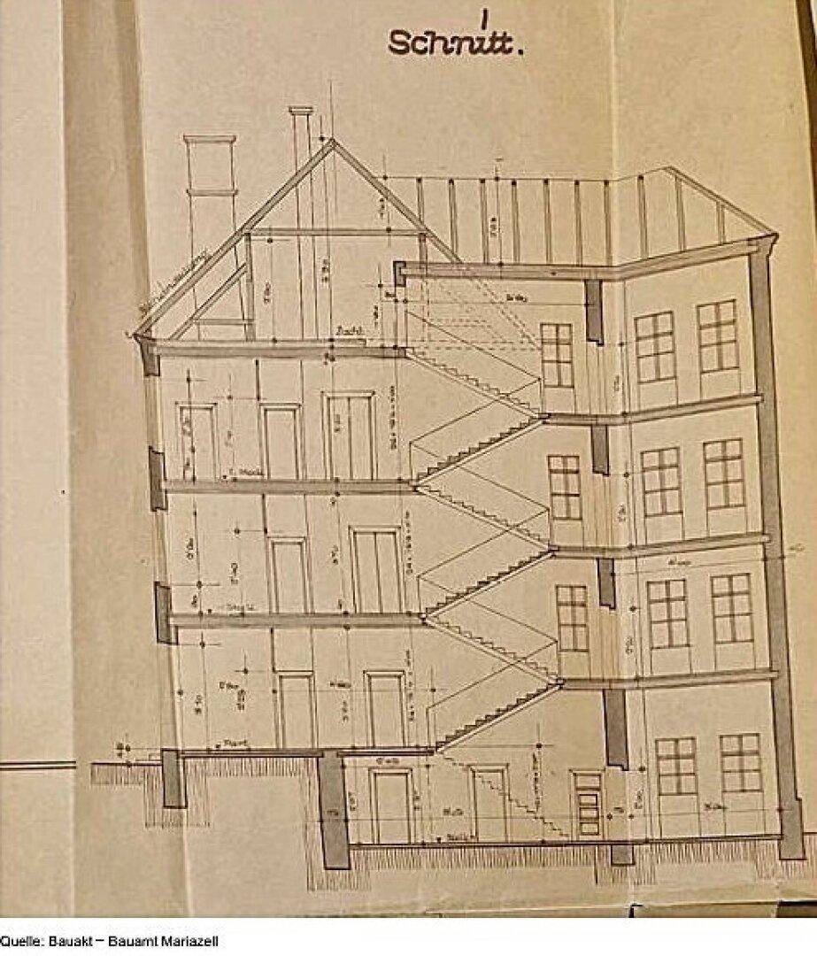 Detaillierter Gebäudeschnitt mit sichtbaren Treppen und Geschossebenen sowie Dachkonstruktion.