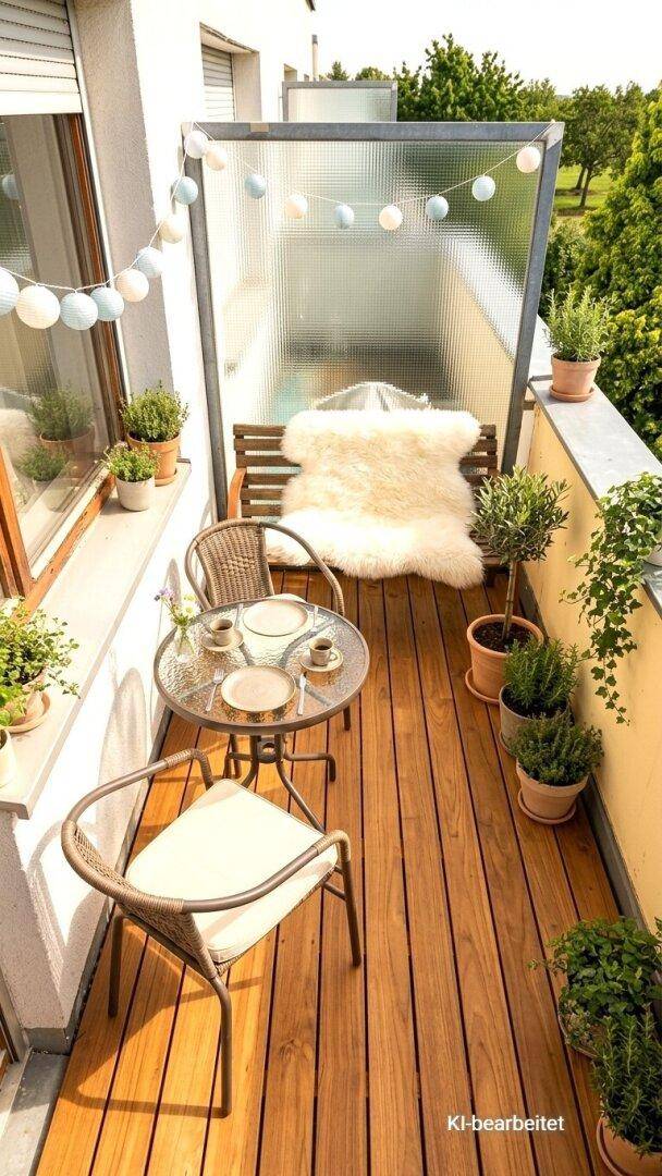 Gemütlicher Balkon mit Holzboden, Sitzgelegenheiten und Pflanzen für entspannte Stunden im Freien.