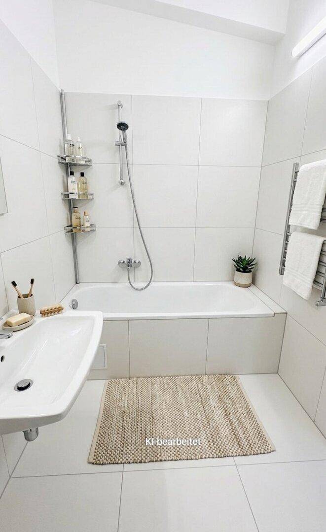 Helles Badezimmer mit weißen Fliesen, Badewanne mit Duschfunktion und modernem Handtuchheizkörper.