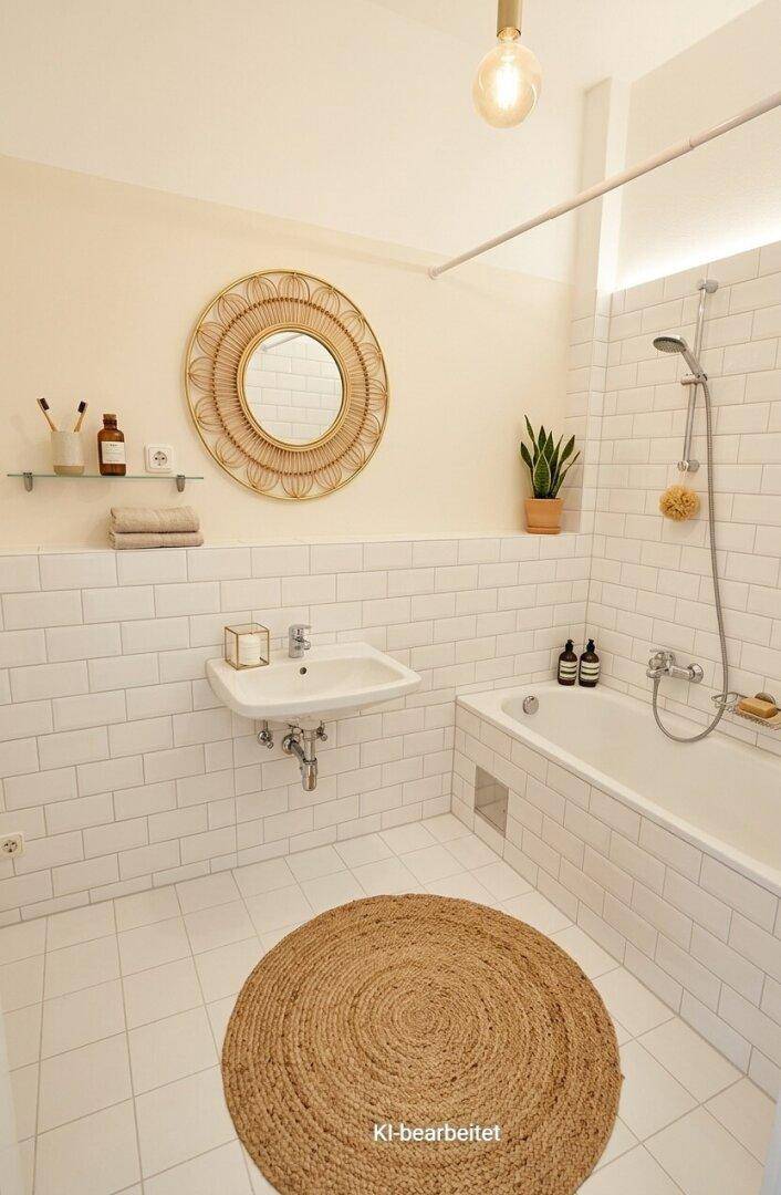 Modernes Badezimmer mit weißen U-Bahn-Fliesen, Badewanne und einem dekorativen runden Spiegel.