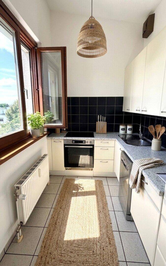 Funktionale Küche mit weißen Schränken, schwarzem Fliesenspiegel und Fenster für natürliches Licht.