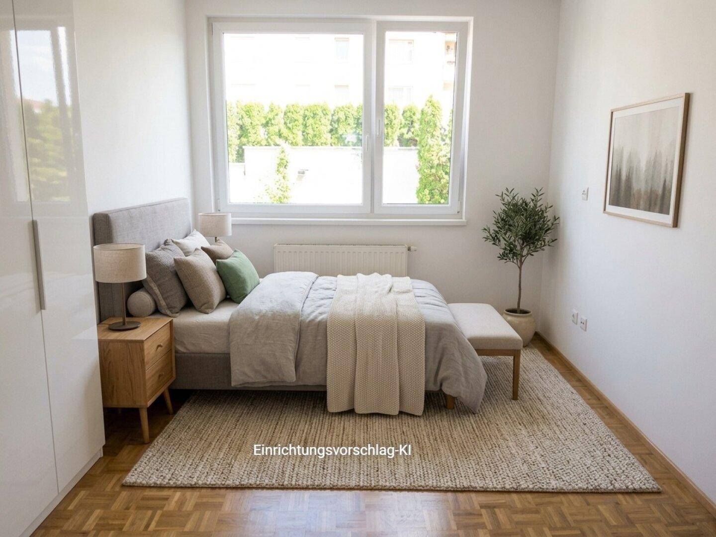 Helles Schlafzimmer mit Doppelbett, Nachttischen und großem Fenster mit Blick ins Grüne.