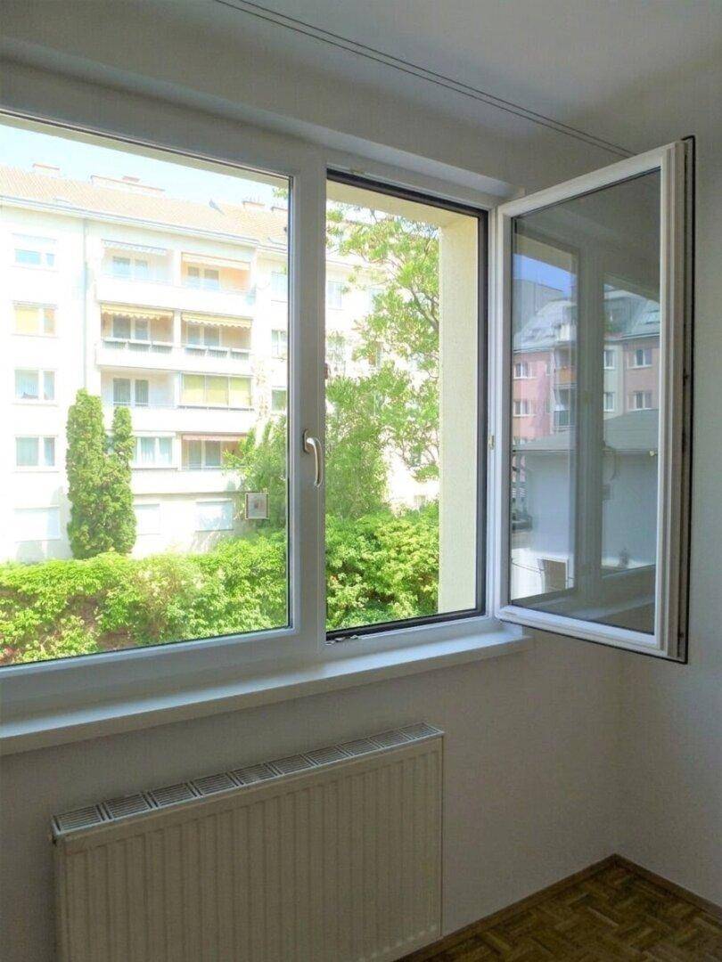Fenster mit Blick auf einen begrünten Innenhof und die umliegenden Gebäude.
