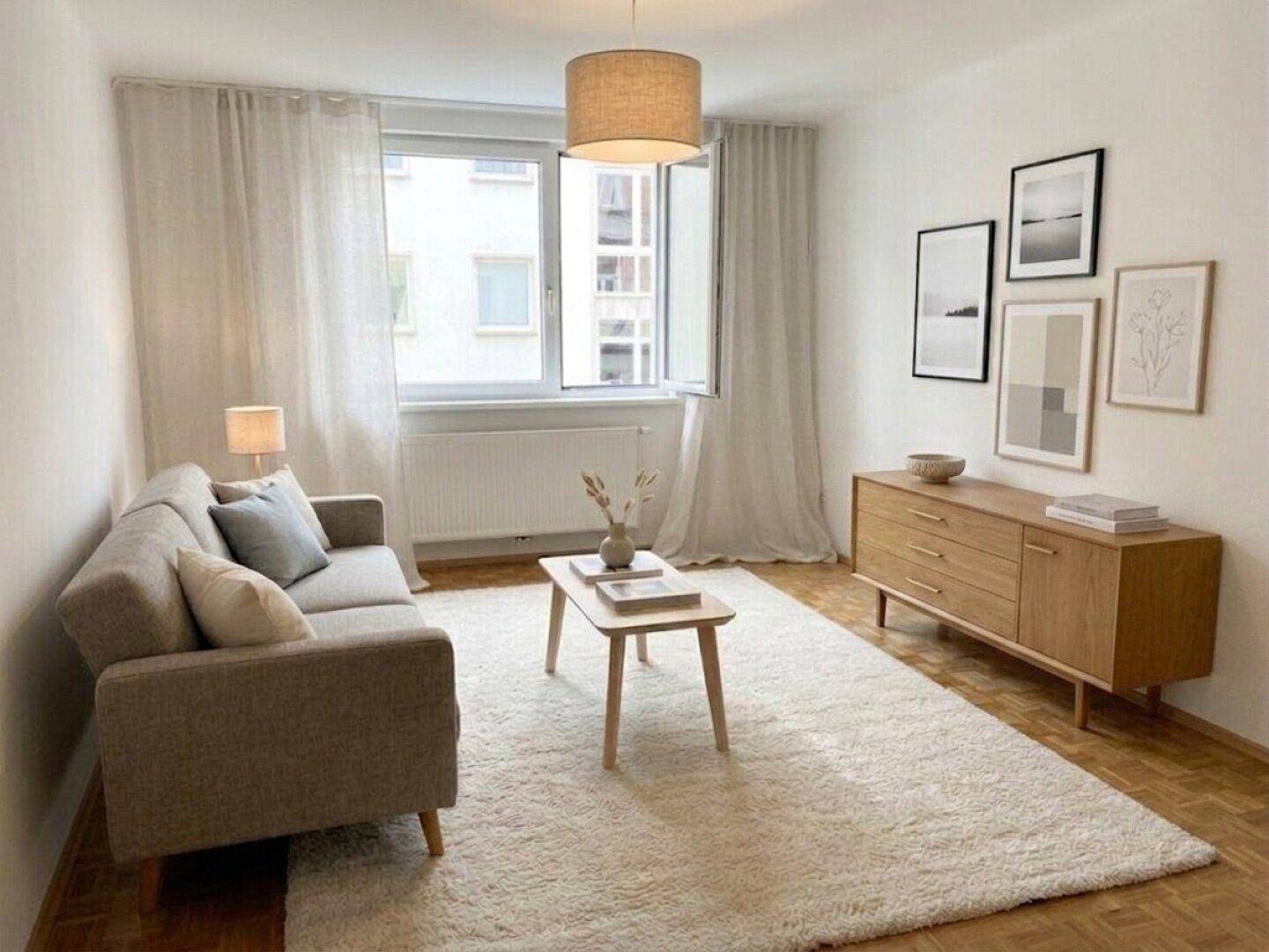 Gemütliches Wohnzimmer mit Sofa, Couchtisch, Sideboard und Blick auf die Stadtbebauung.