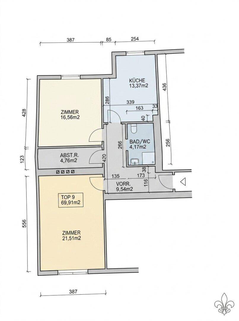 Grundriss der Wohnung mit Küche, Bad/WC, Abstellraum und zwei Zimmern.