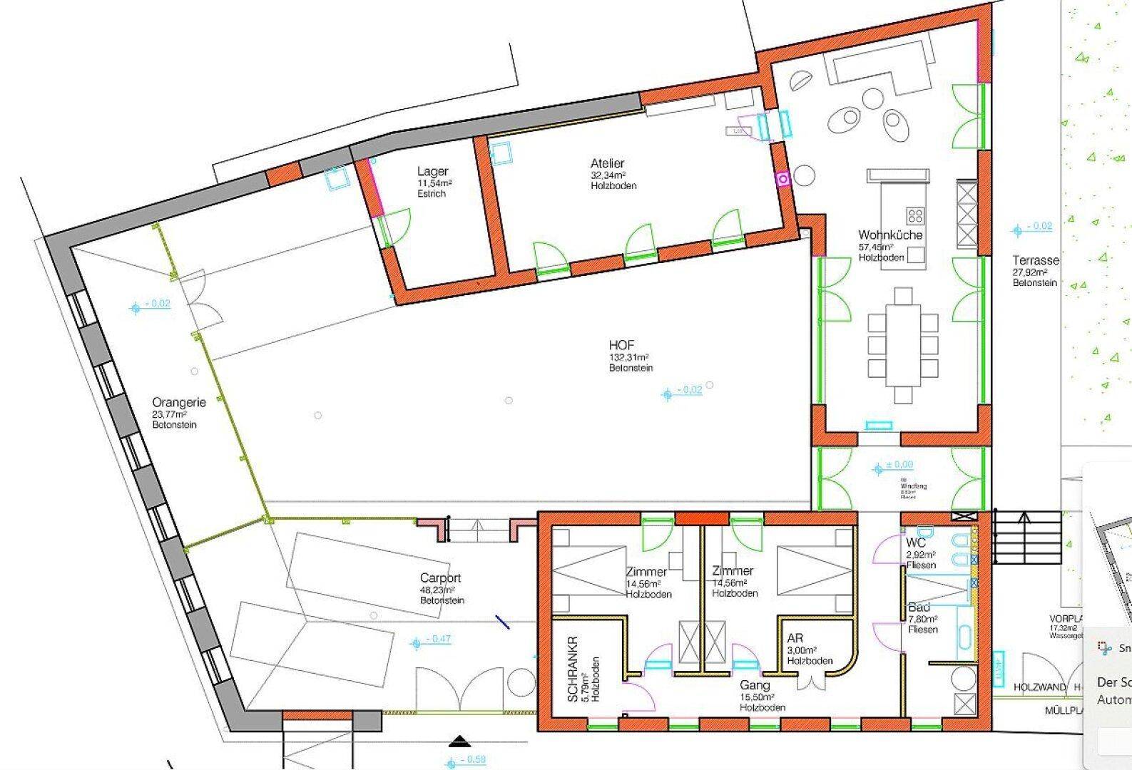 Detaillierter Grundriss des Erdgeschosses mit Wohnküche, Terrasse und Carport.