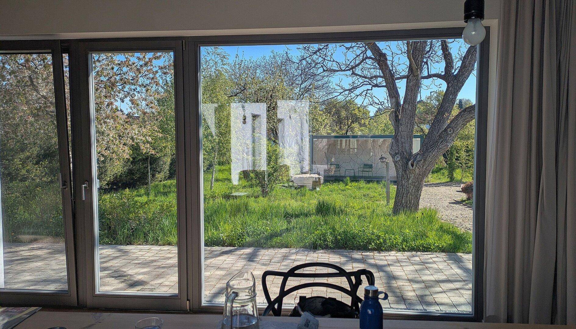 Heller Innenraum mit großen Fenstern, die einen weiten Blick auf den grünen Garten bieten.