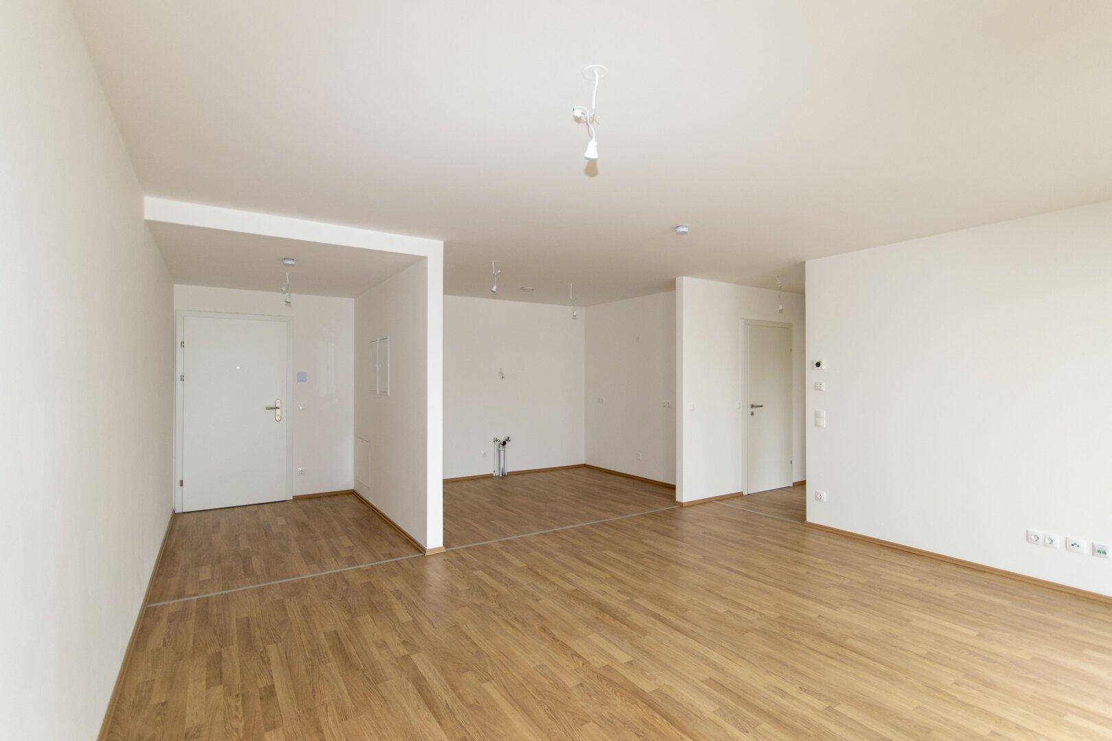 Leerer Wohnbereich mit hellem Laminatboden und mehreren Türöffnungen.