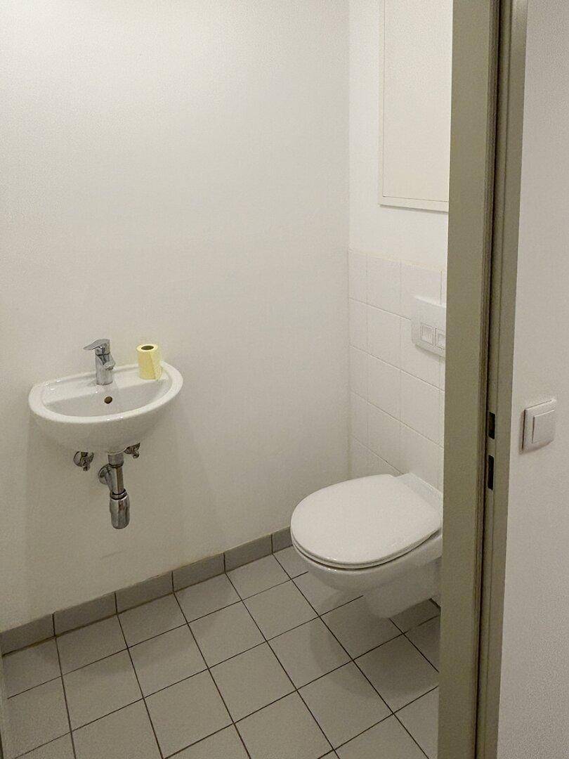 Separates WC mit Toilette, kleinem Waschbecken und weißen Fliesen, praktisch und funktional.