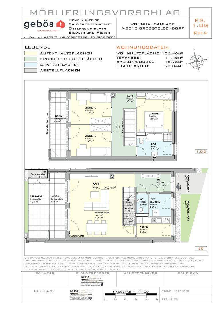 Grundriss zeigt zwei Etagen mit Wohnbereich, Küche, Bädern und Loggia.