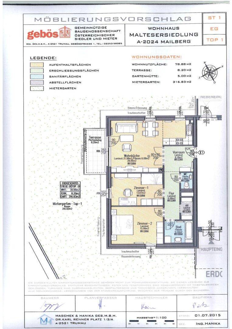 Möblierungsvorschlag für eine Erdgeschosswohnung mit Wohnküche, zwei Zimmern und Terrasse.