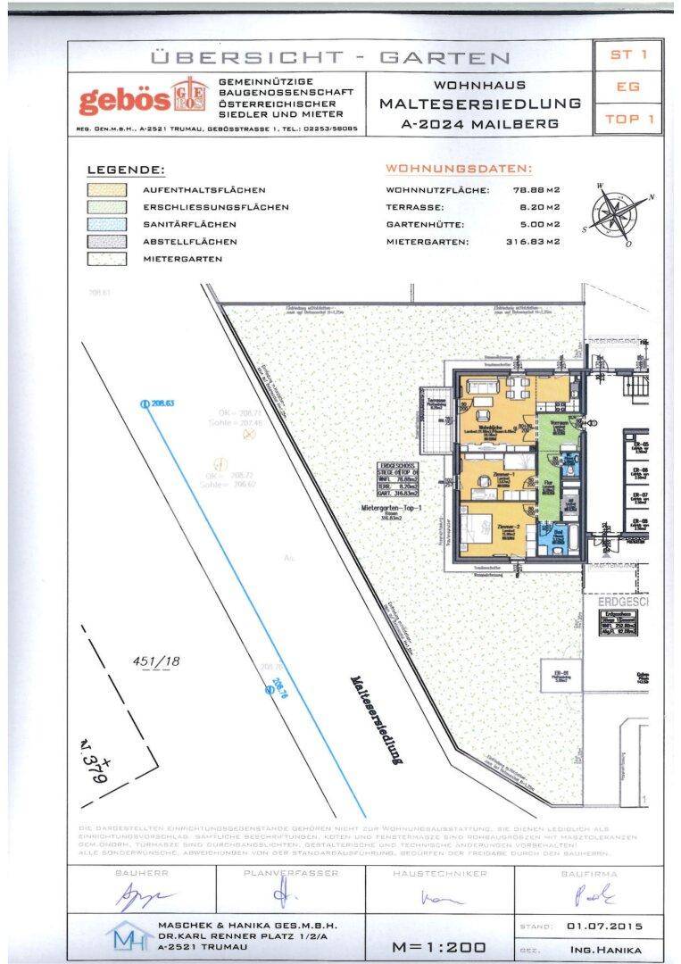 Übersichtsgrundriss einer Erdgeschosswohnung mit Garten, Terrasse und Wohnküche.