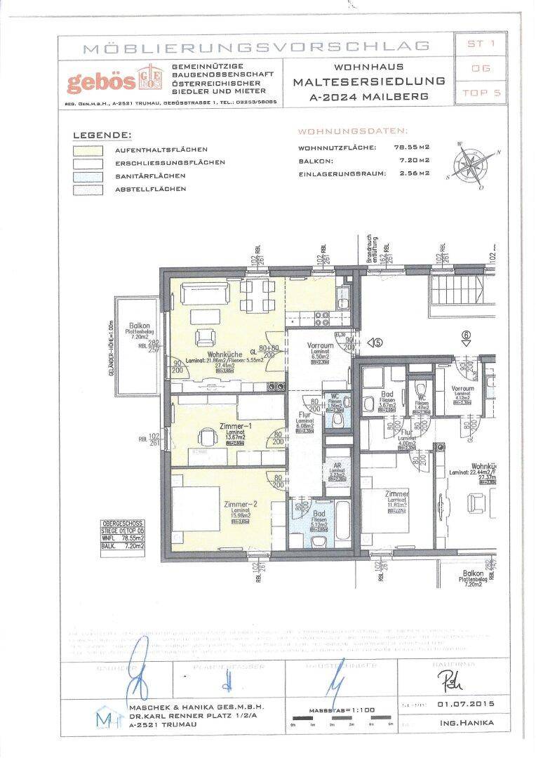 Detaillierter Grundriss mit Möblierungsvorschlag für eine Wohnung im Obergeschoss.