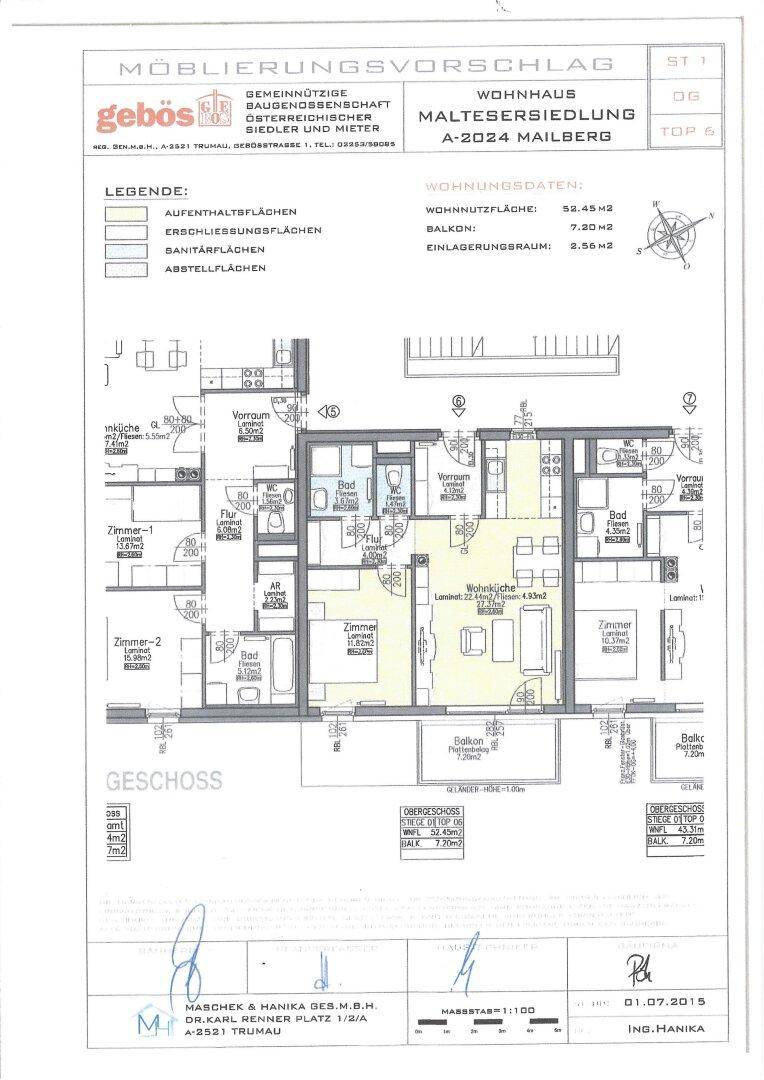 Detaillierter Grundriss mit Möblierungsvorschlag und Flächenangaben für eine Wohnung.