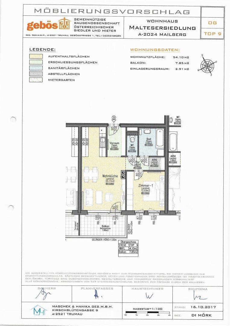 Detaillierter Grundriss mit Möblierungsvorschlag für eine Wohnung im Obergeschoss.